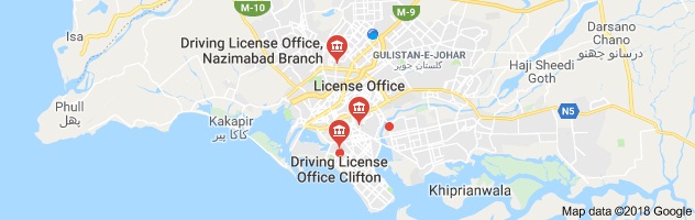 زیرنظر نقشے میں کراچی میں ڈرائیونگ لائسنس کے تینوں دفاتر کی نشاندہی کردی گئی ہے