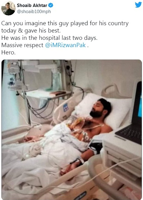  قومی ٹیم کے بیٹنگ کنسلٹنٹ میتھیو ہیڈن نے کہا کہ کہ محمد رضوان فائٹر کھلاڑی ہیں جب کہ سابق فاسٹ باؤلر شعیب اختر نے ٹوئٹر پر محمد رضوان کی اسپتال میں داخل ہونے کی تصویر شیئر کی اورانھیں’’ہیرو‘‘ قرارد یا