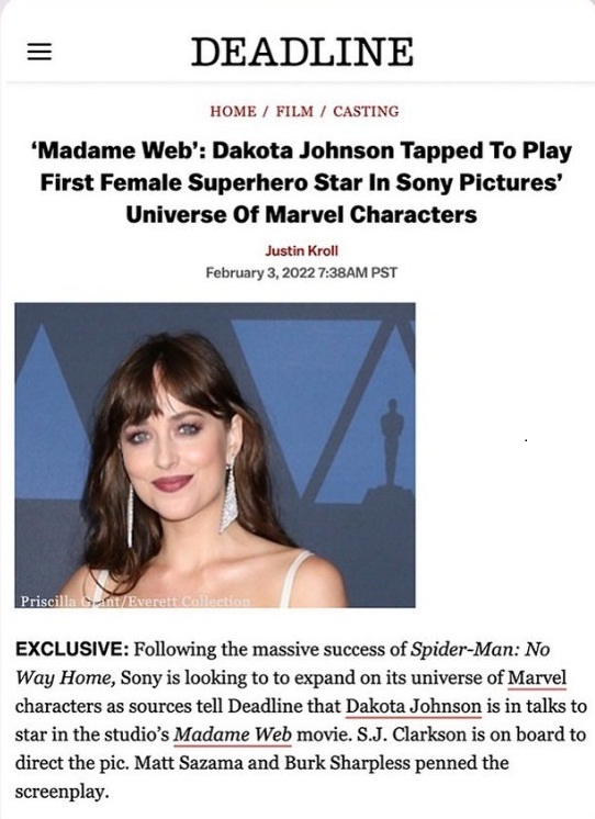  Dakota Johnson has confirmed her casting in the upcoming Spider-Man spinoff Madame Web in an Instagram post